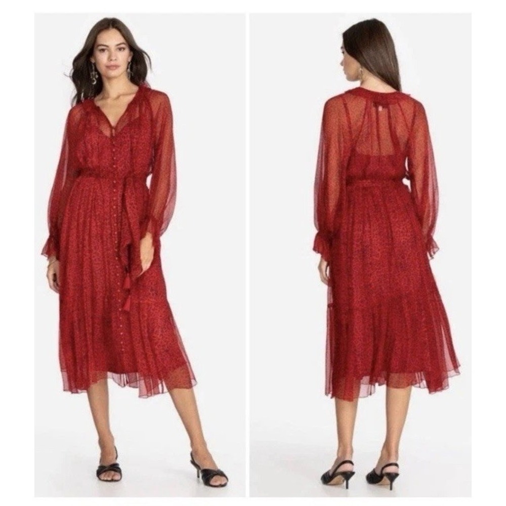 Johnny Was Aretha Midi Dress in Red/Black Leopard Print XL 100% Silk STUNNING!